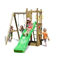Aire De Jeux Funny 3 : Toboggan - Balancoire Simple - Mur D'Escalade Et Bac A Sable