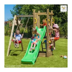 Aire De Jeux Funny 3 : Toboggan - Balancoire Simple - Mur D'Escalade Et Bac A Sable