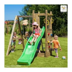 Aire De Jeux Funny 3 : Toboggan - Balancoire Simple - Mur D'Escalade Et Bac A Sable