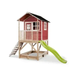 Maison En Bois Loft 500 Rouge Avec Toboggan Et Bac A Sable