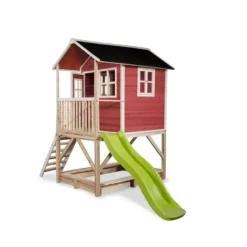 Maison En Bois Loft 500 Rouge Avec Toboggan Et Bac A Sable