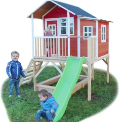 Maison En Bois Loft 550 Rouge Avec Bac A Sable Et Toboggan