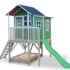 Maison En Bois Loft 550 Verte Avec Bac A Sable Et Toboggan